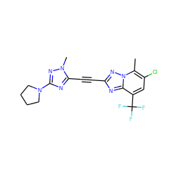 Cc1c(Cl)cc(C(F)(F)F)c2nc(C#Cc3nc(N4CCCC4)nn3C)nn12 ZINC000217394138