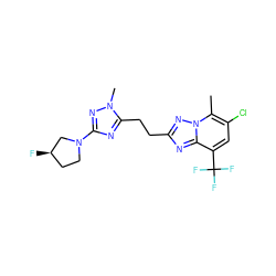 Cc1c(Cl)cc(C(F)(F)F)c2nc(CCc3nc(N4CC[C@@H](F)C4)nn3C)nn12 ZINC000217364931