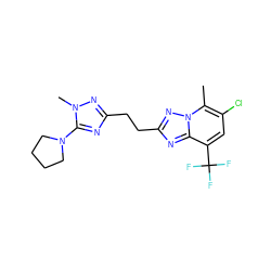 Cc1c(Cl)cc(C(F)(F)F)c2nc(CCc3nc(N4CCCC4)n(C)n3)nn12 ZINC000210589958