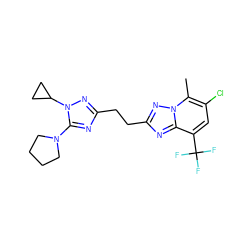 Cc1c(Cl)cc(C(F)(F)F)c2nc(CCc3nc(N4CCCC4)n(C4CC4)n3)nn12 ZINC000210599621