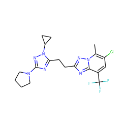 Cc1c(Cl)cc(C(F)(F)F)c2nc(CCc3nc(N4CCCC4)nn3C3CC3)nn12 ZINC000210607693