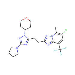 Cc1c(Cl)cc(C(F)(F)F)c2nc(CCc3nc(N4CCCC4)nn3C3CCOCC3)nn12 ZINC000218674437