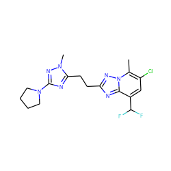 Cc1c(Cl)cc(C(F)F)c2nc(CCc3nc(N4CCCC4)nn3C)nn12 ZINC000142790617