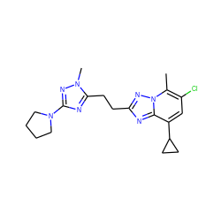 Cc1c(Cl)cc(C2CC2)c2nc(CCc3nc(N4CCCC4)nn3C)nn12 ZINC000210695470