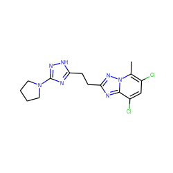 Cc1c(Cl)cc(Cl)c2nc(CCc3nc(N4CCCC4)n[nH]3)nn12 ZINC000210686644