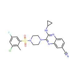 Cc1c(Cl)cc(F)cc1S(=O)(=O)N1CCN(c2nc3cc(C#N)ccc3nc2NC2CC2)CC1 ZINC000144149171