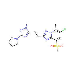 Cc1c(Cl)cc(S(C)(=O)=O)c2nc(CCc3nc(N4CCCC4)nn3C)nn12 ZINC000210686820