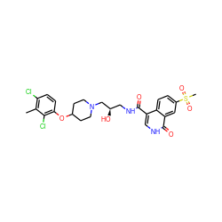 Cc1c(Cl)ccc(OC2CCN(C[C@H](O)CNC(=O)c3c[nH]c(=O)c4cc(S(C)(=O)=O)ccc34)CC2)c1Cl ZINC000095562747