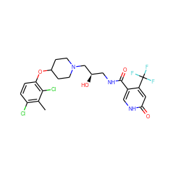 Cc1c(Cl)ccc(OC2CCN(C[C@H](O)CNC(=O)c3c[nH]c(=O)cc3C(F)(F)F)CC2)c1Cl ZINC000095558653