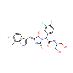 Cc1c(Cl)ccc2c(/C=C3\NC(=O)N([C@@H](C(=O)NC(CO)CO)c4ccc(F)c(F)c4)C3=O)c[nH]c12 ZINC000169323975