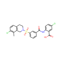 Cc1c(Cl)ccc2c1CN(S(=O)(=O)c1cccc(C(=O)Nc3ccc(Cl)cc3C(=O)O)c1)CC2 ZINC000040975644