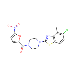 Cc1c(Cl)ccc2sc(N3CCN(C(=O)c4ccc([N+](=O)[O-])o4)CC3)nc12 ZINC000004585363