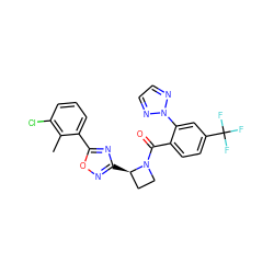 Cc1c(Cl)cccc1-c1nc([C@@H]2CCN2C(=O)c2ccc(C(F)(F)F)cc2-n2nccn2)no1 ZINC000218180948