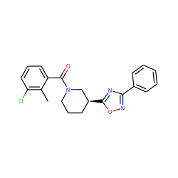 Cc1c(Cl)cccc1C(=O)N1CCC[C@H](c2nc(-c3ccccc3)no2)C1 ZINC000095590628