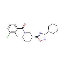 Cc1c(Cl)cccc1C(=O)N1CCC[C@H](c2nc(C3CCCCC3)no2)C1 ZINC000095592261