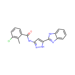 Cc1c(Cl)cccc1C(=O)Nc1cc(-c2nc3ccccc3[nH]2)[nH]n1 ZINC000653808398