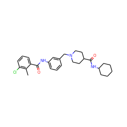 Cc1c(Cl)cccc1C(=O)Nc1cccc(CN2CCC(C(=O)NC3CCCCC3)CC2)c1 ZINC001772584949