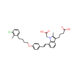 Cc1c(Cl)cccc1CCCCOc1ccc(/C=C/c2cccc3c(CCCC(=O)O)c(C)n(CC(=O)O)c23)cc1 ZINC000114183792