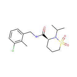 Cc1c(Cl)cccc1CNC(=O)[C@@H]1CCCS(=O)(=O)N1C(C)C ZINC000095565861