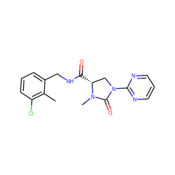 Cc1c(Cl)cccc1CNC(=O)[C@@H]1CN(c2ncccn2)C(=O)N1C ZINC000095565593