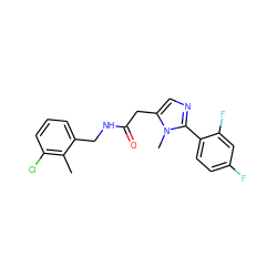 Cc1c(Cl)cccc1CNC(=O)Cc1cnc(-c2ccc(F)cc2F)n1C ZINC000072108972