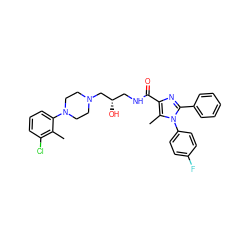 Cc1c(Cl)cccc1N1CCN(C[C@@H](O)CNC(=O)c2nc(-c3ccccc3)n(-c3ccc(F)cc3)c2C)CC1 ZINC000072104652