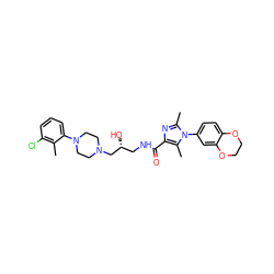 Cc1c(Cl)cccc1N1CCN(C[C@H](O)CNC(=O)c2nc(C)n(-c3ccc4c(c3)OCCO4)c2C)CC1 ZINC000072106720