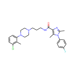 Cc1c(Cl)cccc1N1CCN(CCCNC(=O)c2nc(C)n(-c3ccc(F)cc3)c2C)CC1 ZINC000072104795