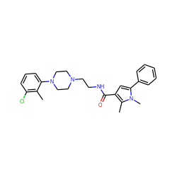 Cc1c(Cl)cccc1N1CCN(CCNC(=O)c2cc(-c3ccccc3)n(C)c2C)CC1 ZINC000058592730