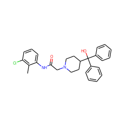 Cc1c(Cl)cccc1NC(=O)CN1CCC(C(O)(c2ccccc2)c2ccccc2)CC1 ZINC000008682650