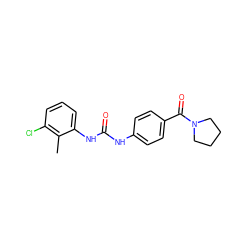 Cc1c(Cl)cccc1NC(=O)Nc1ccc(C(=O)N2CCCC2)cc1 ZINC000002857929