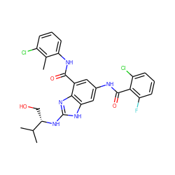 Cc1c(Cl)cccc1NC(=O)c1cc(NC(=O)c2c(F)cccc2Cl)cc2[nH]c(N[C@@H](CO)C(C)C)nc12 ZINC000205655775