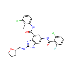 Cc1c(Cl)cccc1NC(=O)c1cc(NC(=O)c2c(F)cccc2Cl)cc2[nH]c(NC[C@@H]3CCCO3)nc12 ZINC000213828318