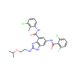 Cc1c(Cl)cccc1NC(=O)c1cc(NC(=O)c2c(F)cccc2Cl)cc2[nH]c(NCCOC(C)C)nc12 ZINC000205656500