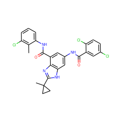 Cc1c(Cl)cccc1NC(=O)c1cc(NC(=O)c2cc(Cl)ccc2Cl)cc2[nH]c(C3(C)CC3)nc12 ZINC000205655658