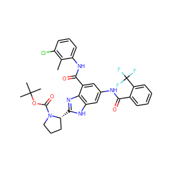 Cc1c(Cl)cccc1NC(=O)c1cc(NC(=O)c2ccccc2C(F)(F)F)cc2[nH]c([C@@H]3CCCN3C(=O)OC(C)(C)C)nc12 ZINC000207748506