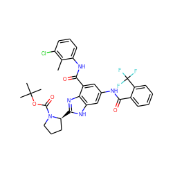 Cc1c(Cl)cccc1NC(=O)c1cc(NC(=O)c2ccccc2C(F)(F)F)cc2[nH]c([C@H]3CCCN3C(=O)OC(C)(C)C)nc12 ZINC000205656804