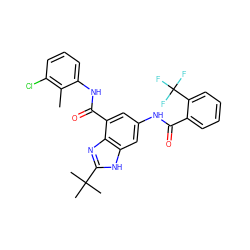 Cc1c(Cl)cccc1NC(=O)c1cc(NC(=O)c2ccccc2C(F)(F)F)cc2[nH]c(C(C)(C)C)nc12 ZINC000218698199