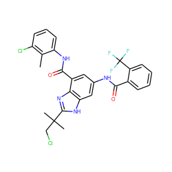 Cc1c(Cl)cccc1NC(=O)c1cc(NC(=O)c2ccccc2C(F)(F)F)cc2[nH]c(C(C)(C)CCl)nc12 ZINC000207745781