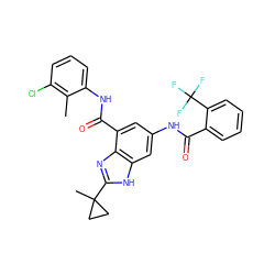 Cc1c(Cl)cccc1NC(=O)c1cc(NC(=O)c2ccccc2C(F)(F)F)cc2[nH]c(C3(C)CC3)nc12 ZINC000205654993