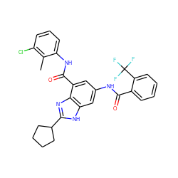 Cc1c(Cl)cccc1NC(=O)c1cc(NC(=O)c2ccccc2C(F)(F)F)cc2[nH]c(C3CCCC3)nc12 ZINC000205656948