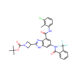 Cc1c(Cl)cccc1NC(=O)c1cc(NC(=O)c2ccccc2C(F)(F)F)cc2[nH]c(C3CN(C(=O)OC(C)(C)C)C3)nc12 ZINC000207745841