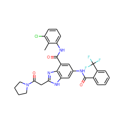 Cc1c(Cl)cccc1NC(=O)c1cc(NC(=O)c2ccccc2C(F)(F)F)cc2[nH]c(CC(=O)N3CCCC3)nc12 ZINC000218704623