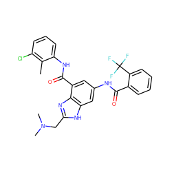 Cc1c(Cl)cccc1NC(=O)c1cc(NC(=O)c2ccccc2C(F)(F)F)cc2[nH]c(CN(C)C)nc12 ZINC000205656667