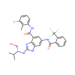 Cc1c(Cl)cccc1NC(=O)c1cc(NC(=O)c2ccccc2C(F)(F)F)cc2[nH]c(N[C@@H](CO)C(C)C)nc12 ZINC000218698640