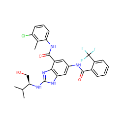 Cc1c(Cl)cccc1NC(=O)c1cc(NC(=O)c2ccccc2C(F)(F)F)cc2[nH]c(N[C@H](CO)C(C)C)nc12 ZINC000218692894