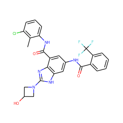 Cc1c(Cl)cccc1NC(=O)c1cc(NC(=O)c2ccccc2C(F)(F)F)cc2[nH]c(N3CC(O)C3)nc12 ZINC000205654657