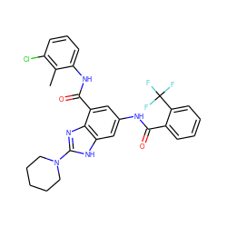 Cc1c(Cl)cccc1NC(=O)c1cc(NC(=O)c2ccccc2C(F)(F)F)cc2[nH]c(N3CCCCC3)nc12 ZINC000205653432