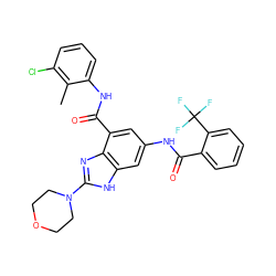 Cc1c(Cl)cccc1NC(=O)c1cc(NC(=O)c2ccccc2C(F)(F)F)cc2[nH]c(N3CCOCC3)nc12 ZINC000205654503