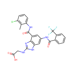 Cc1c(Cl)cccc1NC(=O)c1cc(NC(=O)c2ccccc2C(F)(F)F)cc2[nH]c(NCC(=O)O)nc12 ZINC000205653698